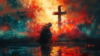 Foto op Plexiglas Man kneeling and praying in front of the cross. Digital watercolor painting © Jennifer