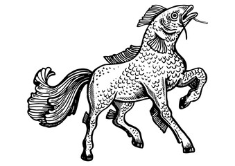 Fantastic fabulous fish horse animal engraving PNG illustration. Scratch board style imitation. Black and white hand drawn image.