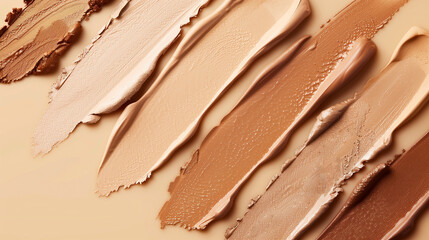 Streaks of various shades of foundation makeup on a creamy surface.