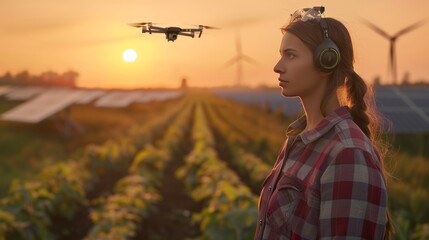 Futuristic agricultural scene where a young female agronomist uses advanced drone technology to monitor large fields of crops. 