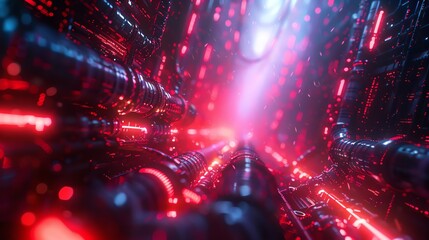 Envision a spine-chilling Neon Maze Chase with a trapped character hunted by digital specters, from a disorienting, unexpected low-angle view Merge futuristic visuals with heart-pounding suspense