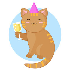 Kawaii style celebrating party cat with a glass of champagne in the paw PNG illustration