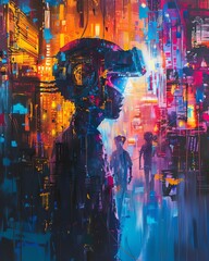 Capture the essence of unexpected camera angles to present a fusion of traditional oil painting techniques with futuristic technologies and street art elements, Utilize vivid colors, intricate texture - obrazy, fototapety, plakaty