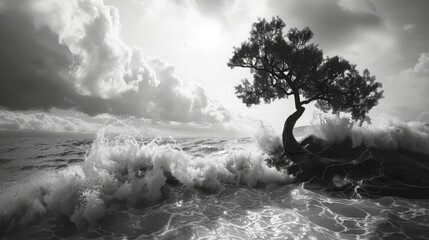 A dramatic black and white photo of a lone, gnarled tree silhouetted against a tumultuous ocean with crashing waves.3D rendering - obrazy, fototapety, plakaty
