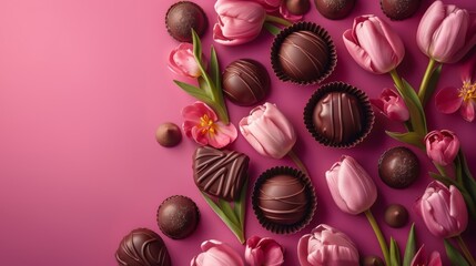 Sweet Bloom - Mother's Day Background with Pink Tulips and Chocolates - Generative AI