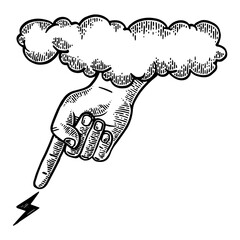 Hand of God sends lightning from sky cloud engraving PNG illustration. Scratch board style imitation. Black and white hand drawn image. - obrazy, fototapety, plakaty