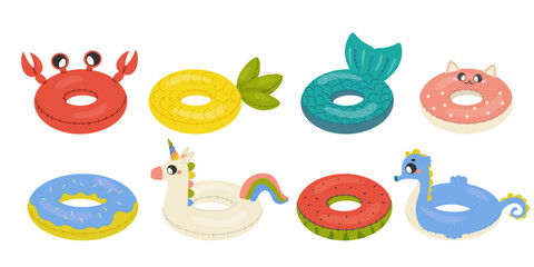 Cartoon swim rings, pool games rubber toys, colorful lifebuoys. Swimming circles, cute pool crab, unicorn, pineapple, mermaid, watermelon, donut, seahorse, cat.