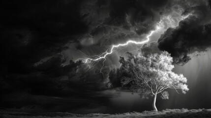 A dramatic black and white photo of a lone, white tree silhouetted against a stormy black sky with streaks of lightning.3D rendering