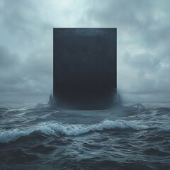 A dark rectangular monolith emerging from the ocean
