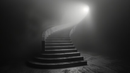 A dramatic black and white photo of a lone, winding staircase leading upwards into a thick fog, with a single light source at the top.3D rendering - obrazy, fototapety, plakaty