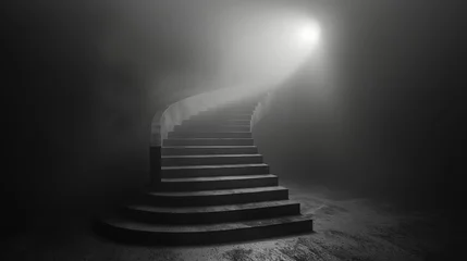 Fotobehang A dramatic black and white photo of a lone, winding staircase leading upwards into a thick fog, with a single light source at the top.3D rendering © Eve Creative