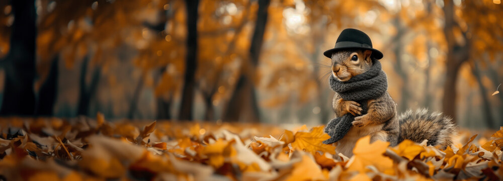 realistic squirrel in a black hat with a brim looks stylish and fashionable, autumn copy space background, with fallen leaves in the park