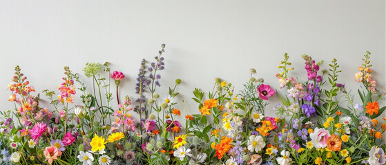 A floral arrangement of wildflowers arranged vertically along a wall or neatly arranged on a surface Natural background. Illustration - obrazy, fototapety, plakaty