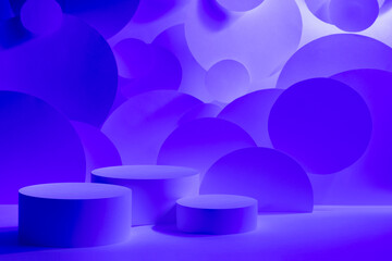 Abstract scene for presentation cosmetic products mockup - three round cylinder podiums in blue violet glowing light, circles as geometric decor. Template for showing in hipster disco party style.