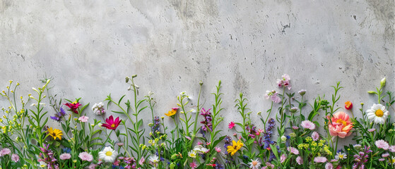 A floral arrangement of wildflowers arranged vertically along a wall or neatly arranged on a surface Natural background. Illustration