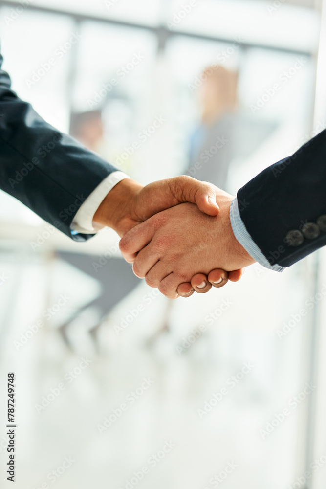 Sticker Deal, handshake and partnership with business people in office closeup for thank you or welcome. Interview, meeting or recruitment with colleague and employee shaking hands for contract or trust