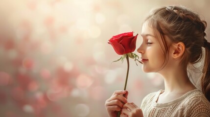 Tender Moment with a Rose - Young Girl Enjoying Fragrance - Innocence and Love - Mother's Day Sentiment - Generative AI