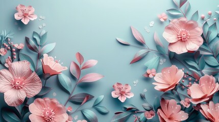 Tranquil Blossom Harmony on Cool Mint - Delicate Floral Paper Art - Mother’s Day Serene Design - Refreshing Spring Ambience - Generative AI