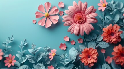 Coral and Pink Paper Florals on Cyan - Enchanting Flower Craft - Mother’s Day Fresh Design - Springtime Aesthetics - Generative AI
