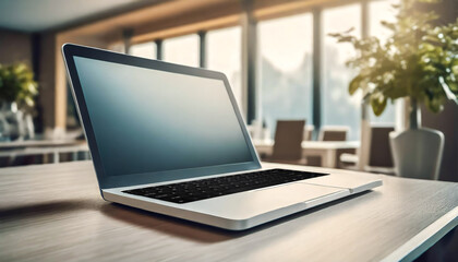 Fototapeta premium Office with laptop computer on the table. Communication technology concept. Copy space