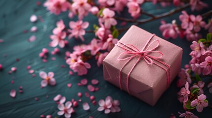 Gift Box Amidst Blossoms - Mother’s Day Present with Cherry Blossoms - Celebratory Mood - Springtime Generosity - Generative AI