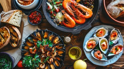 Spanish cuisine on the table with different seafood dishes, tapas, paella and fresh bread 