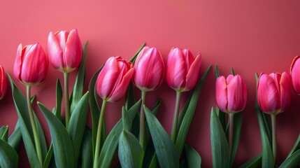 Row of Pink Tulips on Red Background - Vibrant Spring Beauty - Perfect Mother’s Day Bouquet - Floral Elegance - Generative AI