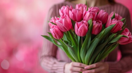 Woman Holding Pink Tulips - Bouquet of Fresh Flowers - Mother's Day Celebration - Pink Bliss - Generative AI