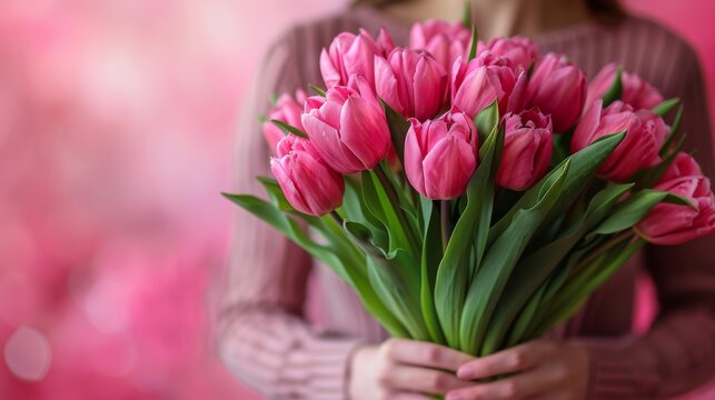 Woman Holding Pink Tulips - Bouquet of Fresh Flowers - Mother's Day Celebration - Pink Bliss - Generative AI