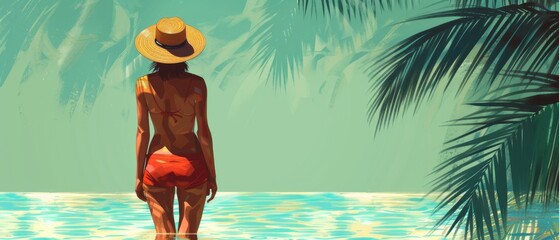 Woman Gazing at Sea - Summer Solitude - Relaxation and Calm - Summer Design - Generative AI