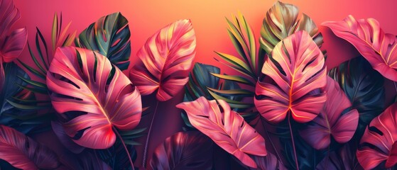 Tropical Leaves in Vivid Colors - Nature's Palette in Summer Hues - Exotic Flora Artistry - Summer Design with Negative Space - Generative AI