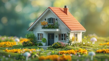 Fototapeta na wymiar Small model house with flowers and a garden