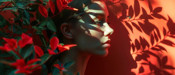 Shadowed Beauty in Nature - Floral Patterns and Silhouette - Emotional Portrait - Generative AI