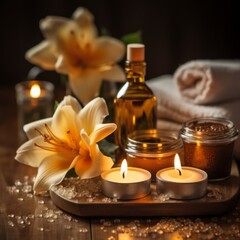 Spa composition with flowers, candles and massage oil