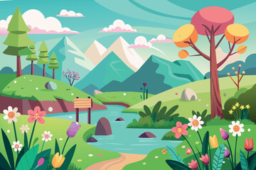 Naklejka premium Spring Landscape cartoon vector Illustration flat style artwork concept