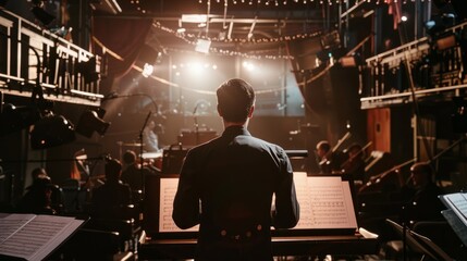 A conductor stands confidently in front of a grand piano, preparing for a performance - obrazy, fototapety, plakaty