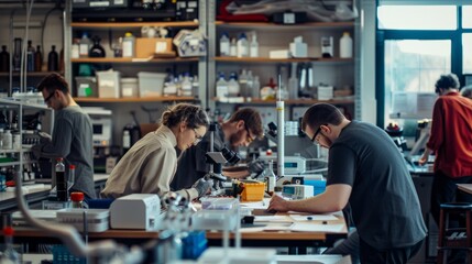 Multiple researchers working together at a cluttered laboratory bench, engaged in experiments and brainstorming for scientific discovery - obrazy, fototapety, plakaty