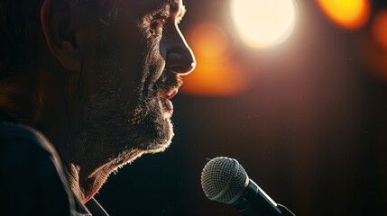 A man stands in front of a microphone in a moment of contemplation before speaking - obrazy, fototapety, plakaty