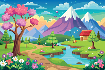 Spring Landscape cartoon vector Illustration flat style artwork concept