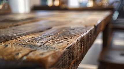 Close-up shot of a rustic wooden table with a blurred background, showcasing the weathered texture and natural wood - Powered by Adobe