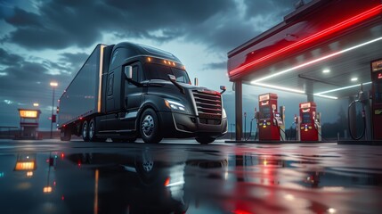 A commercial closeup shot showcasing a semi truck parked at a gas station, emphasizing the brand logo and sleek design - obrazy, fototapety, plakaty