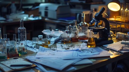 Obraz premium Closeup of a cluttered laboratory table filled with various bottles and a microscope