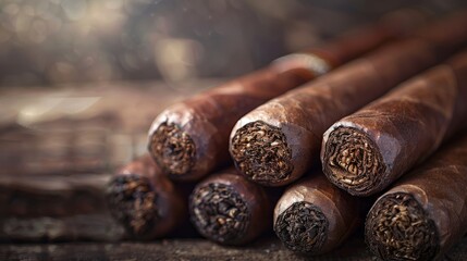 Pile of cigars neatly arranged on a wooden table with dark background - Powered by Adobe