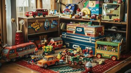 Various toy cars and trucks are neatly arranged on a tabletop