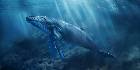 Majestic humpback whale glides through the deep blue sea with beams of sunlight illuminating from above - obrazy, fototapety, plakaty