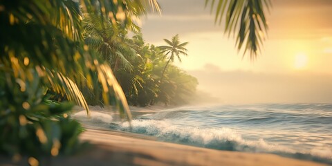 A pristine tropical beach with palm trees gently swaying and waves softly crashing at sunset - obrazy, fototapety, plakaty