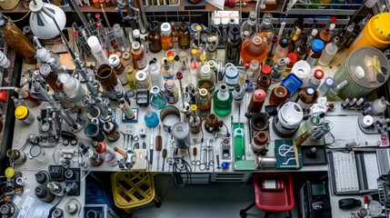 A high-angle view of a cluttered laboratory bench displaying various scientific instruments and tools - Powered by Adobe