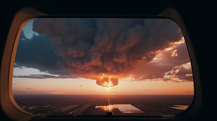 A mushroom cloud of smoke and fire from a nuclear explosion as seen from the window of an airplane