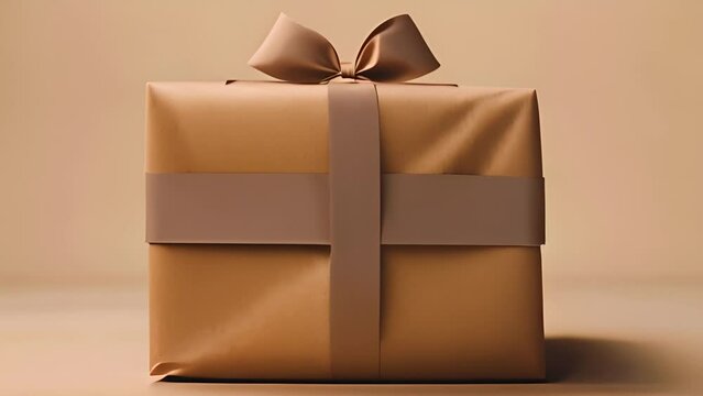 Homemade giftbox stylish craft paper giftbox with bow and beige background. Natural present for celebration,party,birthday other holidays 4k video beauty