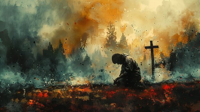 Man kneeling and praying in front of the cross. Digital watercolor painting